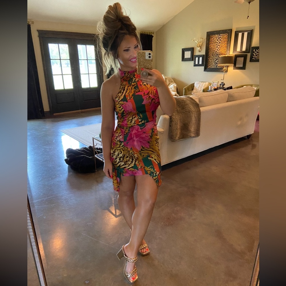 Vibrant Floral and Tiger Print Halter Mini Dress